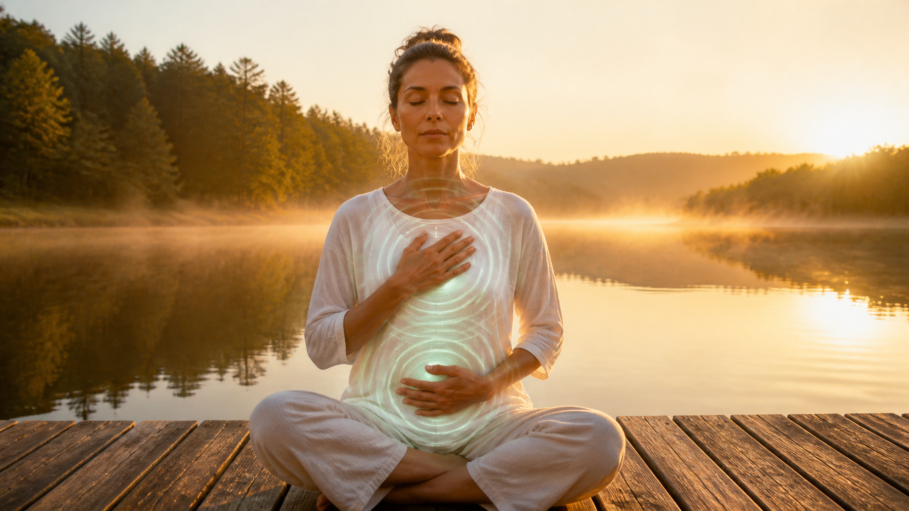 A woman meditating beside a lake with softly glowing energy