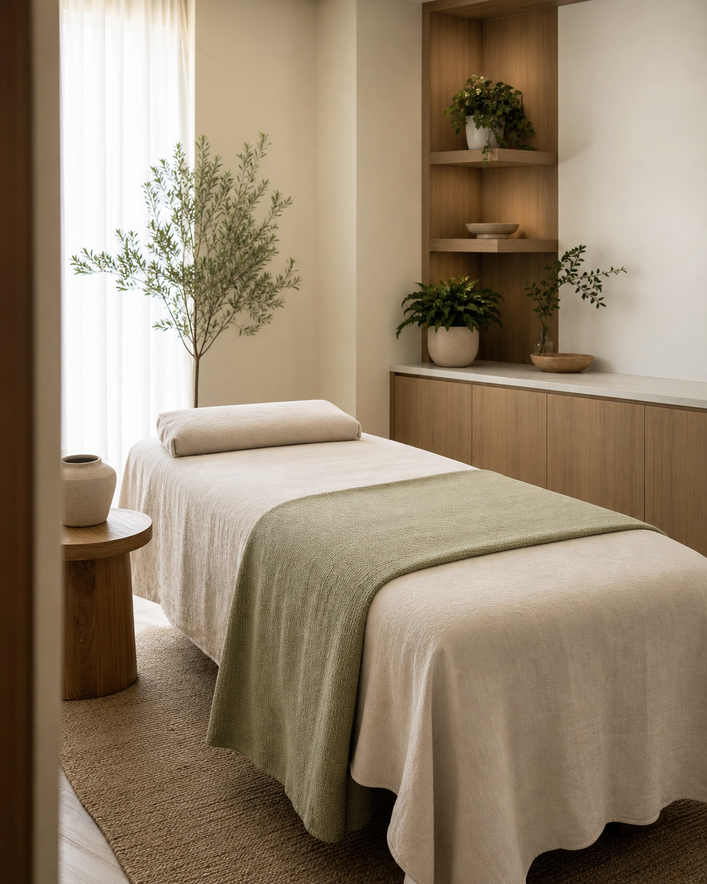 A calm Reiki treatment room with a massage table, soft natural light, and plants
